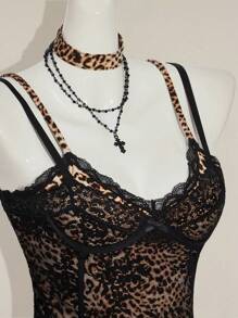 SHEIN ICON 性感豹纹吊带背心，搭配透明蕾丝两件套蕾丝花边短款上衣 - 黑色 - 查看 1