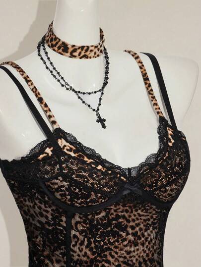 SHEIN ICON 性感豹纹吊带背心，搭配透明蕾丝两件套蕾丝花边短款上衣