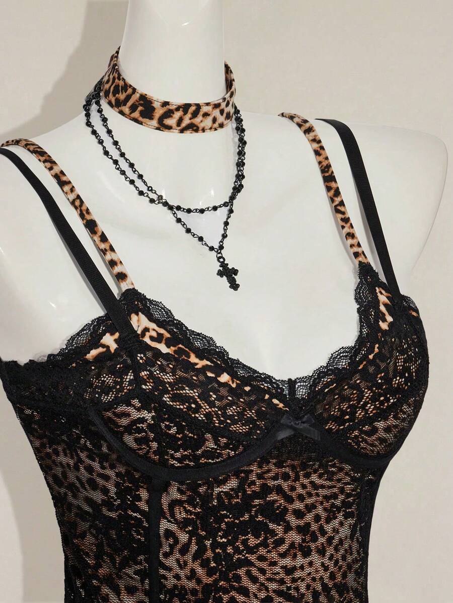 SHEIN ICON 性感豹纹吊带背心，搭配透明蕾丝两件套蕾丝花边短款上衣 - 黑色 - 查看 1