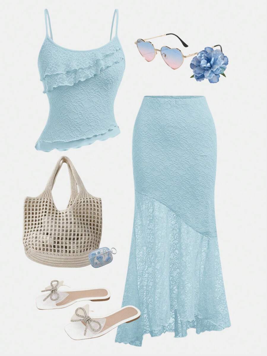 Girlism Conjunto de 2 peças com Regata Assimétrica de Renda e Saia Assimétrica de Babados com Bainha de Sereia de Cintura Baixa, Roupa Elegante para Casamento, Primavera/Verão, Temporada de Casamentos em Resort, para Adolescentes - Azul bebê - Visão 1