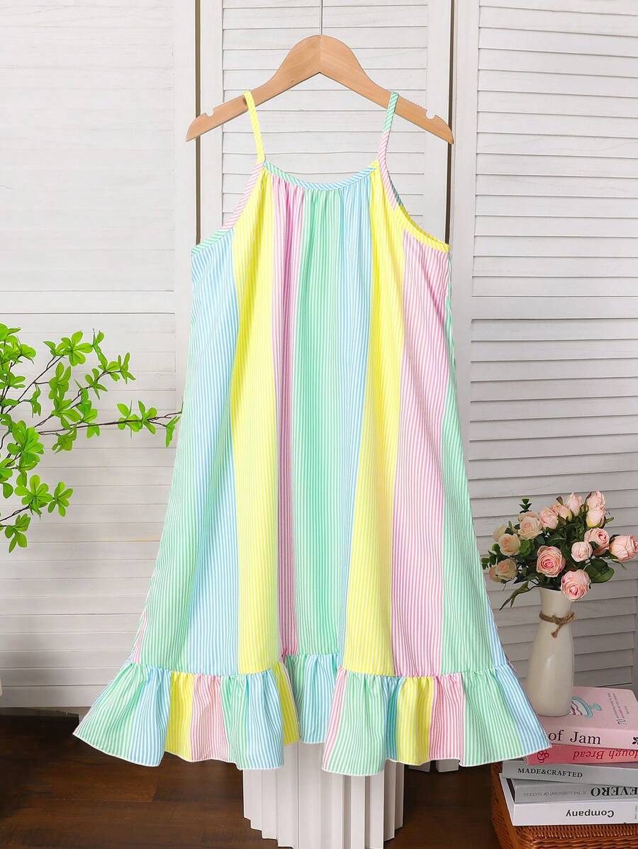 Sparklyn Vestido casual de vacaciones para niñas preadolescentes con rayas de colores, parte superior con volantes en el dobladillo - Multicolor - Ver 1