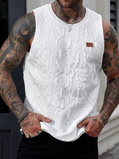 Manfinity Homme Men's Summer Letter Embossed Round Neck Casual Versatile Tank Top Men White Graphic Tank Top Men Graphic Tank