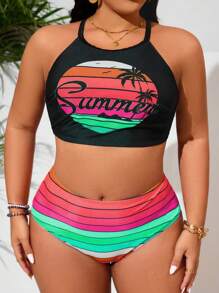 Slaydiva Conjunto de traje de baño de talla grande para mujer con estampado de leopardo y cordón, de estilo casual para vacaciones