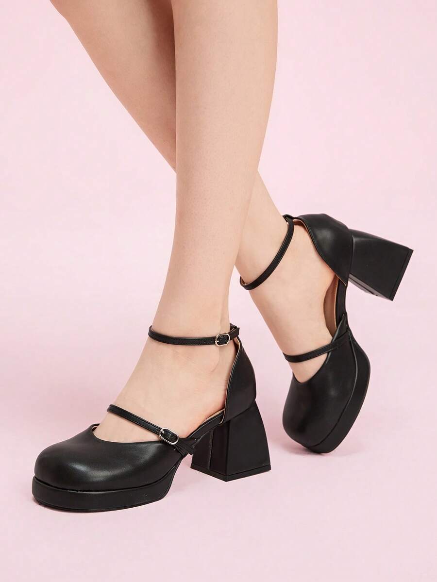 CUCCOO DOLLMOD 圆头玛丽珍鞋，新款法式系带搭扣镂空高跟厚底粗跟女鞋 - 黑色 - 查看 1