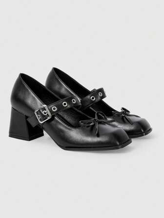 Grunge Punk New French Style High Heel Shoes Not Tired Feet, Wedding Shoes, Square Toe Thick Heel Low-Cut Flats, Wide Feet Plus Size High Heels, Thick Heel Square Toe Strap High Heel Shoes For Women