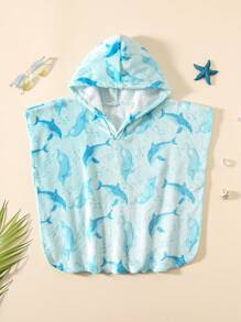 SHEIN 男婴可爱卡通印花连帽泳衣罩衫，适合夏季海滩度假