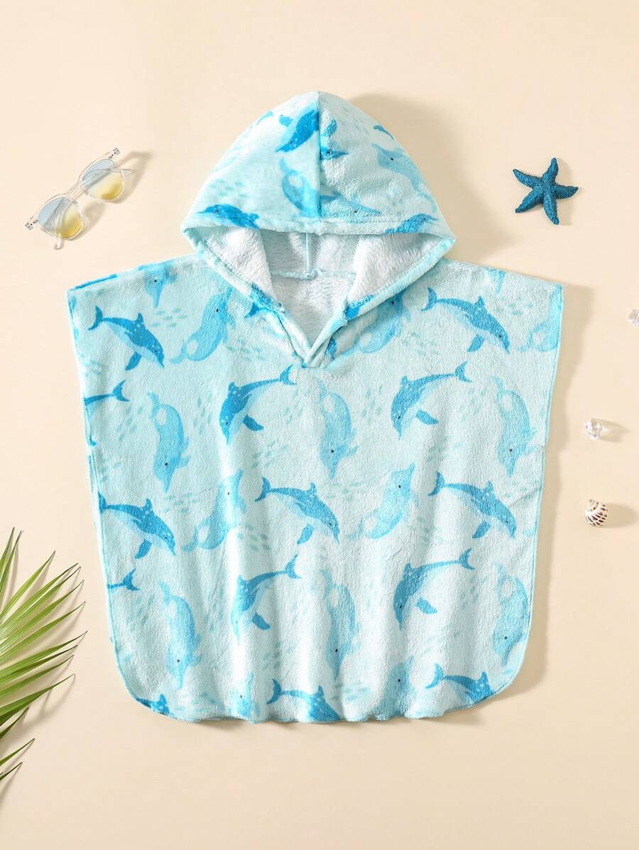 SHEIN 男婴可爱卡通印花连帽泳衣罩衫，适合夏季海滩度假