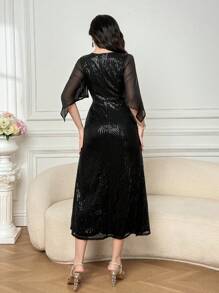 Joudiya Women's Solid Color Sequin Contrast Mesh Ruffle Trim Long Dress