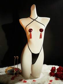 SpicyHot 2 件套女式性感连体衣，采用十字交叉设计 + 乳贴、流苏、闪光设计