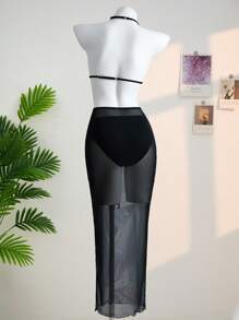 SHEIN TEENGIRL 3Pcs/Set Black Bikini With Blue Floral Print, Beach & Resort Vacation Swimwear Set Two Pieces Set Women - Blue - View 2