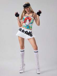 ROMWE Anime Women's Cute Retro Anime Character & Star Printed Cropped Tank Top