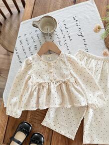 SHEIN 可爱优雅的蝴蝶结荷叶边波点上衣和松紧腰裤两件套 - 杏色 - 查看 4