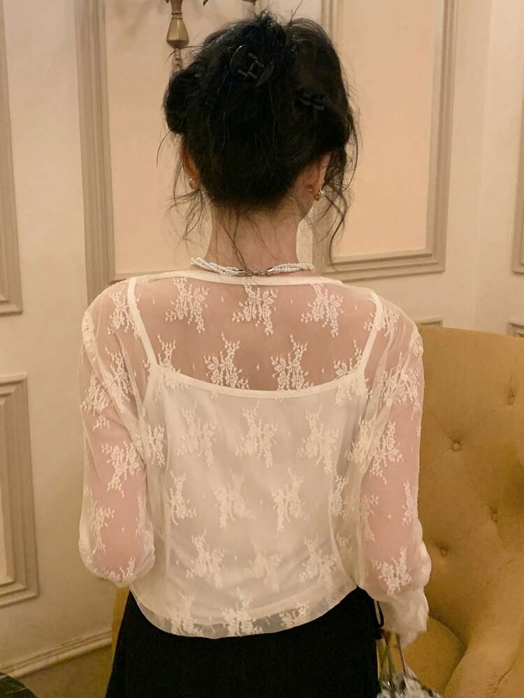 Women's Lace Loose Oblique Collar 2 In 1 Long Sleeve Elegant Holiday Summer Blouse