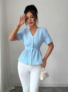 Elenzga 女式V领系腰法式短袖衬衫 - 淺藍色 - 查看 4