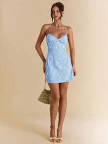 SHEIN BAE 夏季女式露背亮片提花绿色度假迷你连衣裙 - 淺藍色 - 查看 6