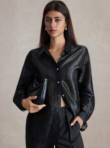 Briarwyn Shiny Loose Solid Front Button Long Sleeve Shirt, Style Summer And Beach 4th Of July Airport