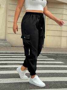 SHEIN PETITE CURVE Black Plus Flap Pocket Drawstring Cargo Pants - Black - View 6