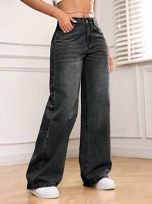 SHEIN PETITE Casual Washed Low Waist Straight Leg Jeans - Black - View 3