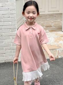 DAZY Young Girls Regular Collared Casual Embroidered Bow Short Sleeve Summer Dress - Pink - View 1