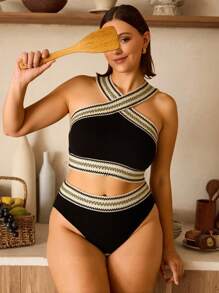 Swim Chiccia Conjunto de bikini de 2 piezas de talla grande para mujer con rayas, estilo halter y lazos laterales, traje de baño de verano para la playa