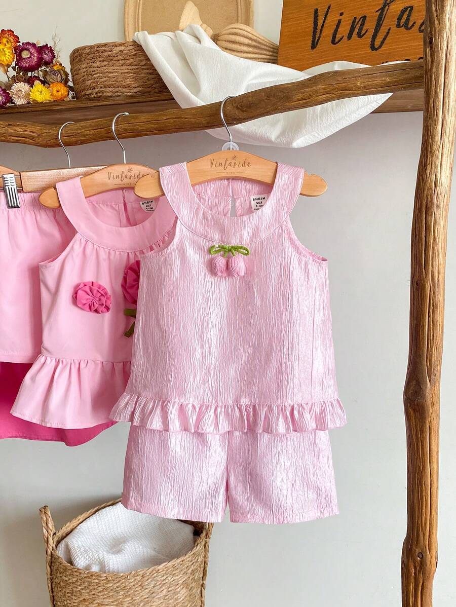 SHEIN 2pcs Baby Girl Summer Outfit - Sleeveless Top + Floral Skorts Set - Pink - View 1