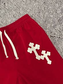 SHEIN 1 pieza Pantalones cortos casuales de estampado de cruz holgados con cordón en la cintura para adolescentes varones, para uso en verano y primavera; Ropa de niños adolescentes; Chaquetas de niños, de vuelta al colegio en primavera