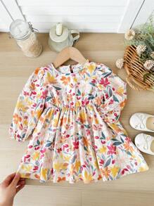 SHEIN Vestido casual de manga larga con estampado floral y ajuste holgado para bebé niña - Multicolor - Ver 2