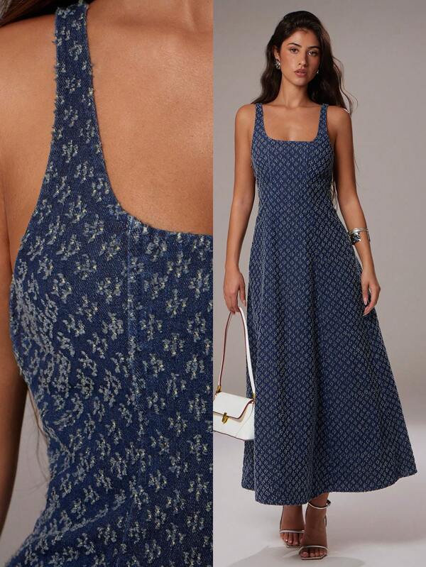 Avantive Hawaii Damen Outfit Picknick Kleid Club Outfit Tee-Party Kleid Abschluss Outfit Party Damen Kleider Büro Damen Outfit Westlicher Stil Damen Kleider Ein langes, elegantes Jacquard-Jeans-Kleid für Damen