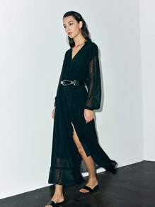 Lumivelle 女士休闲纹理雪纺长袖高低下摆开叉连衣裙，适合通勤、日常穿着、纯色、音乐节、度假