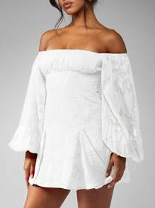 MISSGUIDED Off Shoulder Balloon Sleeve Mini Skater Dress Puff Sleeve Ruched Bust Textured Party Wedding Reception Bridesmaid Evening - White - View 4