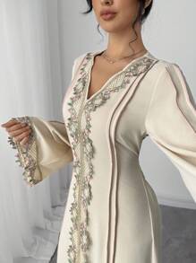 Rafferiza Women's Loose V-Neck Ruffle Trim Long Sleeve Robe/Long Dress, Turkish Robe, Arabic House Dress Fall Cloth For Women - Apricot - View 5