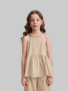 Ontre 2pcs Set Tween Girls Fashion Unique Crochet Style Halter Ruffled Hem Loose Solid Color Pants Casual Outdoor Summer Vacation Soft Comfortable Minimalistic & Versatile - Khaki - View 5