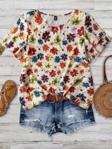 Linhara Women's Plus Simple Casual Round Neck Double-Layer Lotus Leaf Sleeve Full-Paved Single Three-Dimensional Pattern Printed Flower Floral Blouse Going Out Tops Vacation Summer - Multicolor - View 1