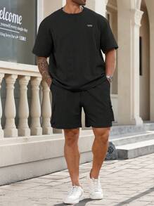 Manfinity Homme Conjunto de camiseta y pantalones cortos casuales para hombres talla grande, conjunto de dos piezas casuales de verano para hombres - Negro - Ver 6