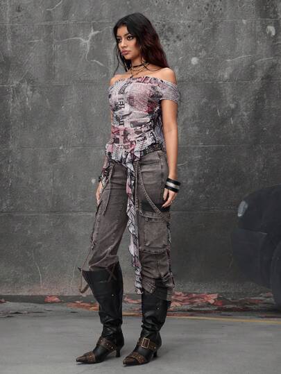 Grunge Punk Retro Urban Chic Portrait Newspaper Print Off Shoulder Waist Ruched Asymmetrical Hem Bodycon Mesh Top