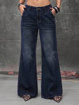 Grunge Punk Jeans femme vintage, casual, polyvalent, taille haute, ample, évasé