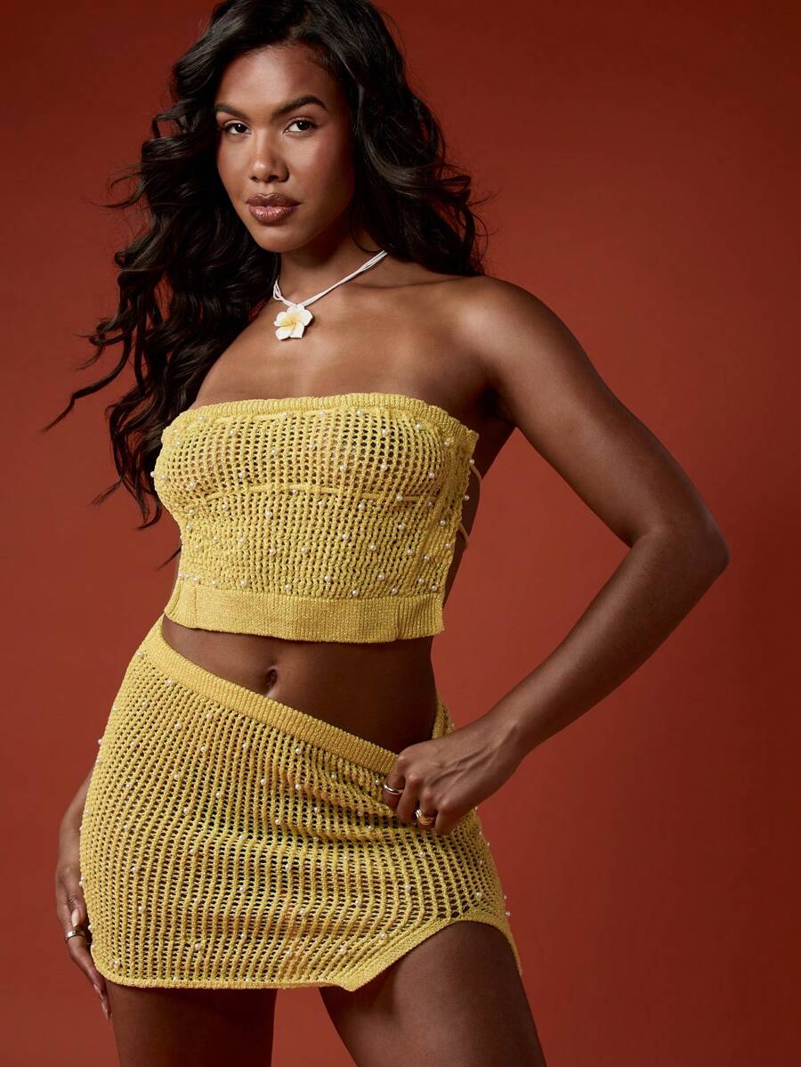 MISSGUIDED Conjunto de dos piezas de verano de punto para playa, festival, minifalda cubretraje, conjunto de ropa de resort, tejido a ganchillo para vacaciones y uso en la piscina - Amarillo - Ver 1