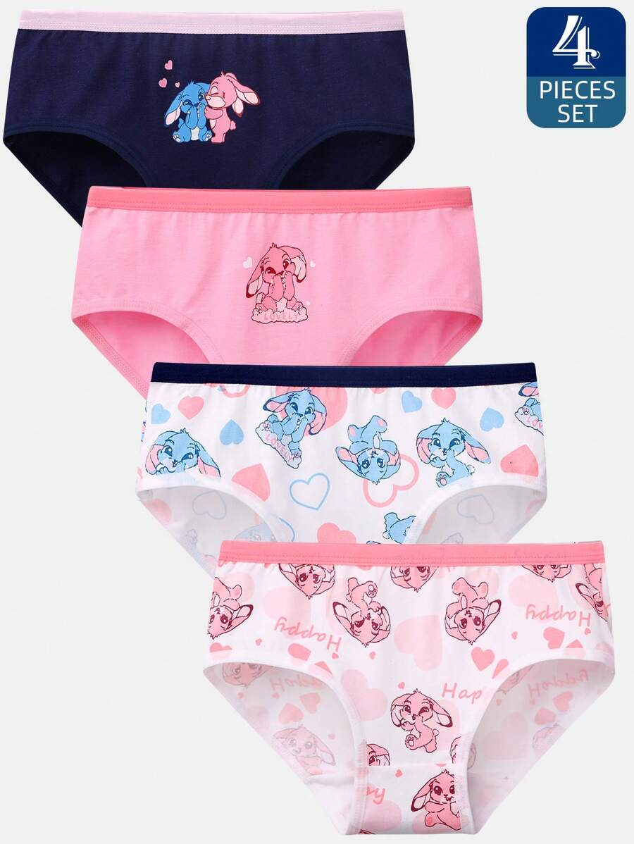 4件装女童可爱兔子和爱心印花拼色柔软舒适内裤
