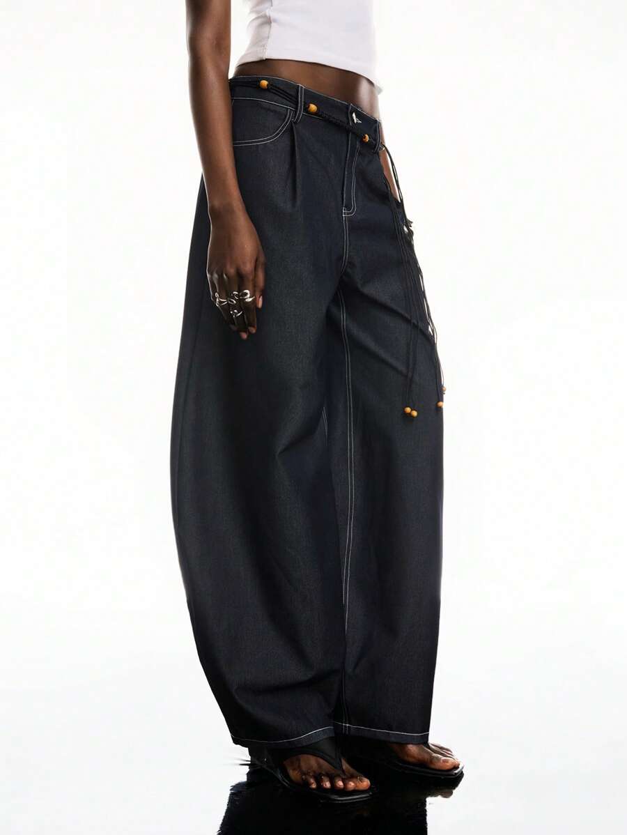 LYSMO 2025春夏新品女款深海军蓝仿牛仔阔腿弯刀裤，串珠腰带设计，复古休闲风格，适合日常通勤