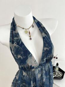 Elamini Women's Retro Print V-Neck Halter Tie Back Vest, Suitable For Spring & Summer Vacation