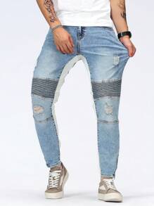 Manfinity Roughcore Men's Fashionable Ripped Skinny Fit Denim Jeans - Light Wash - View 7
