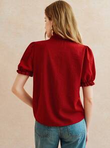 Écloséra 时尚优雅日常百搭荷叶边短袖风琴边刺绣红色女式春夏衬衫 - 紅色 - 查看 3