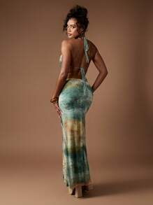 MISSGUIDED 露背长裙水彩印花垂坠式围脖领口夏季度假装晚礼服露背款式镂空设计 - 彩色 - 查看 2