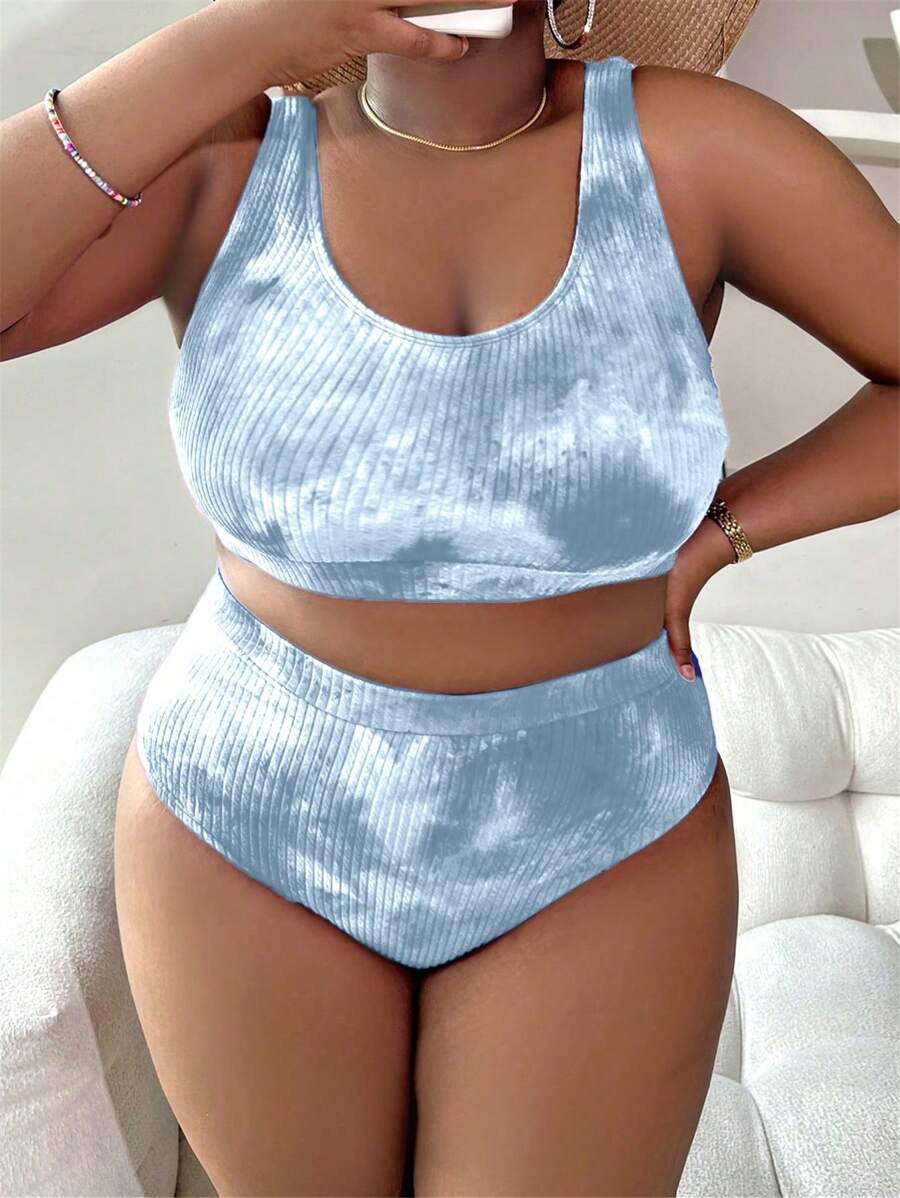 Slaydiva 2pcs Baju Renang Tankini Wanita Ukuran Plus Motif Tie-Dye, Modis untuk Liburan Santai - Grey - View 1