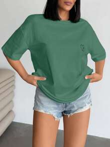 SHEIN Cottnline Women Solid Color Printed Detailed Short Dress T-Shirts - Mint Green - View 4