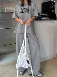 DAZY 2pcs/Set Women Letter Print T-Shirt & Sweatpants - Grey - View 4
