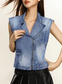 INAWLY Women's Retro Denim Zip Front Vest Jacket - Dark Wash - View 1