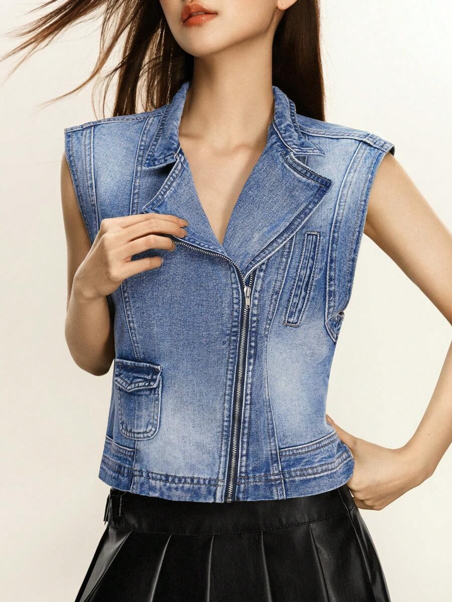 INAWLY Women's Retro Denim Zip Front Vest Jacket - Dark Wash - View 1