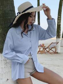 DAZY 休闲条纹宽松女式衬衫，夏季、秋季女装长袖上衣度假穿搭 - 藍色 - 查看 6