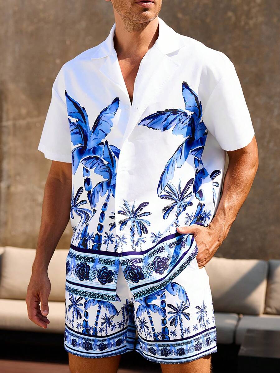Manfinity VDAYZ Men's Tropical Coconut Tree Print Short Sleeve Shirt And Shorts Beach Suit, Summer, Hawaiian Men Vacation Clothes Beach Shirts For Men Men's Swim Trunks Matching - Blue and White - View 1